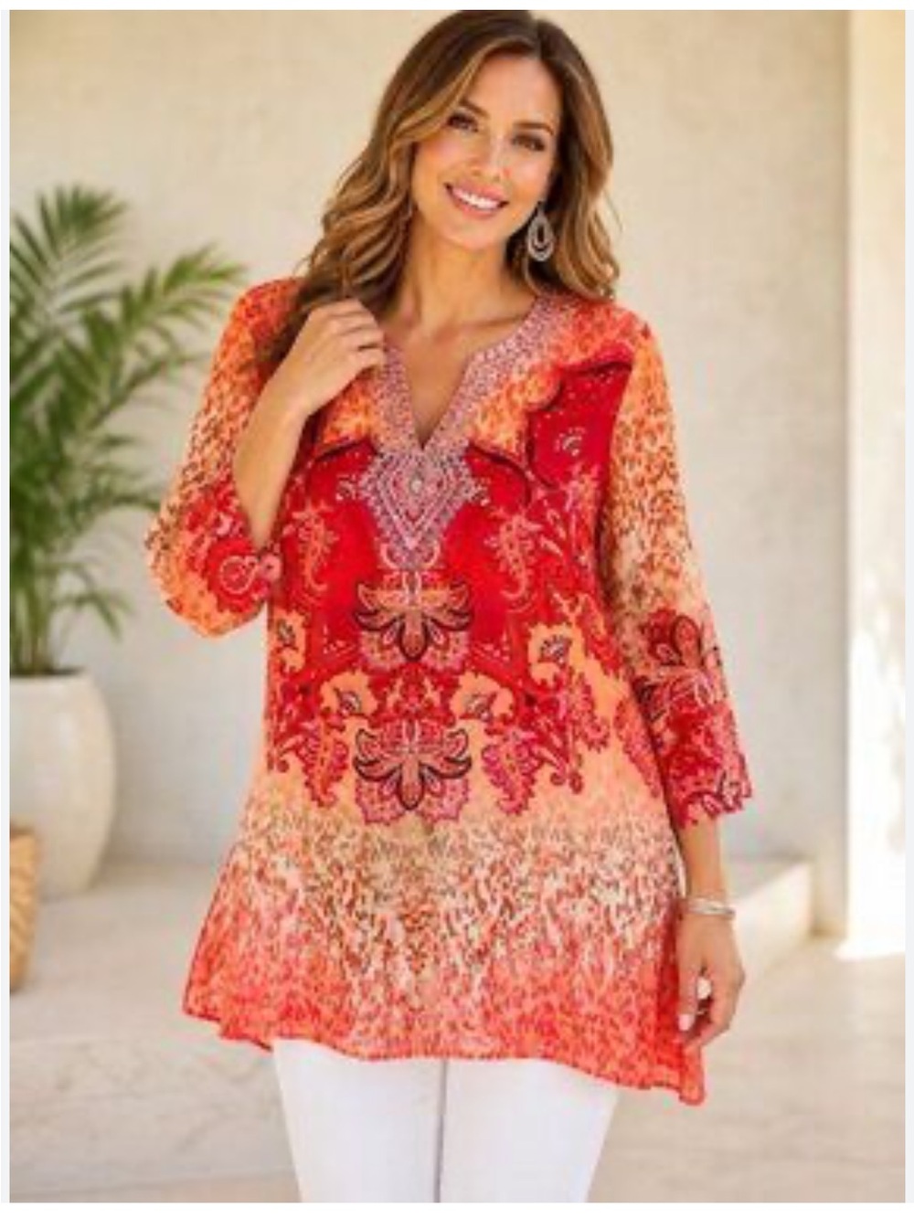 Chicos Women's Red & Orange Printed V-Neck Tunic Top semi sheer beaded